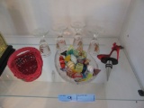 ASSORTED ITEMS, GLASS CANDY, WINE STOPPER, SMALL BASKET, ETC.
