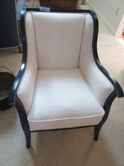 WHITE WITH BLUE WOOD TRIMMED CHAIR