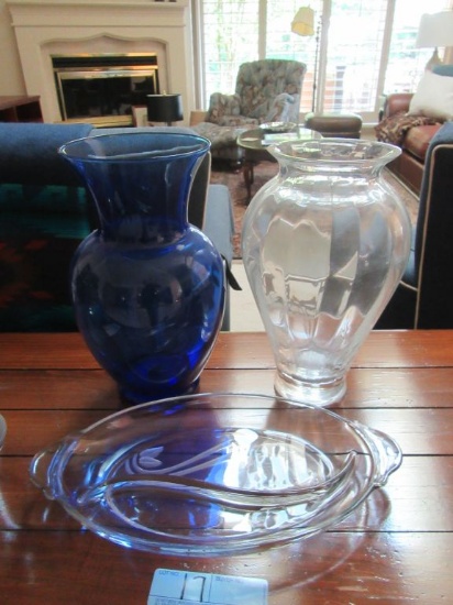 BLUE GLASS VASE, SERVING DISH, AND ETC