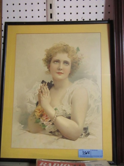 VINTAGE WOMAN IN WHITE DRESS PRINT IN FRAME. NO NAME