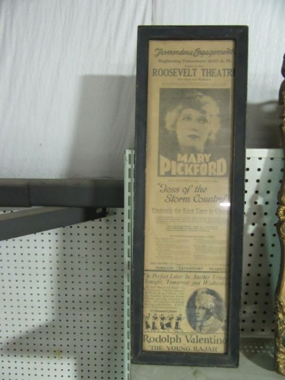 FRAMED ADVERISEMENT DATED DECEMBER 24, 1922 FEATURING MARY PICKFORD