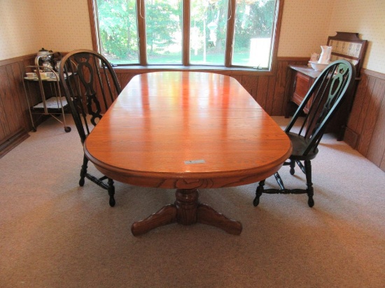 TRESTLE TABLE WITH 2 LEAVES & 2 PAINTED BLACK CHAIRS