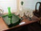 GREEN AND CLEAR GLASS DECANTER SET WITH GREEN TRAYS AND GREEN VASE