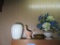 WHITE VASE. AVON BIRD CANDLE HOLDER. AMBER ASHTRAY AND ETC