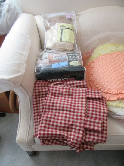 CANON LOVESEAT OR SOFA SLIPCOVER AND RED PLAID CURTAINS