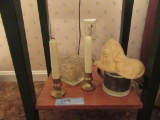 PLASTIC AVON LION FIGURINE. METAL MUG. BATTERY-POWERED CANDLES. ETC