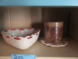 LONGABERGER POTTERY HEART AND CANDLE HOLDER WITH CANDLE