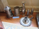 AMERICAN AVON HEIRLOOM CANDLE HOLDER, METAL VASE, METAL MUGS, AND METAL SAL