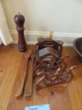 WOODEN SALAD SET, SALT AND PEPPER SHAKERS, GRINDER, AND CUP HOLDERS