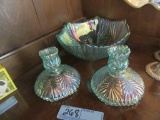 FENTON CARNIVAL GLASS BOWL AND CANDLESTICKS