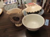 CHERRY PIE PLATE. CURRIER AND IVES PLATE. MIXING BOWL. VASE. AND INDEPENDEN