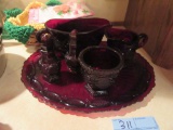 AVON CRANBERRY SERVING PLATE. SALT AND PEPPER SHAKERS. CREAMER WITH SUGAR.