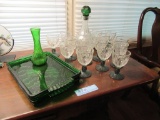 GREEN AND CLEAR GLASS DECANTER SET WITH GREEN TRAYS AND GREEN VASE