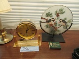 GLASS BIRD DECORATION. BRASS LAMP AND CLOCK