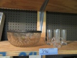 ETCHED SHOT GLASSES MADE IN KOREA AND SILVERPLATE RIMMED GLASS BOWL