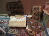 WOODEN WINE RACK. WALL HANGINGS. WEAVED BRIEFCASE AND ETC
