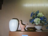 WHITE VASE. AVON BIRD CANDLE HOLDER. AMBER ASHTRAY AND ETC