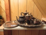 MIXED SILVERPLATE TEA SET PIECES WITH TRAY AND ETC