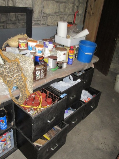 WORKBENCH WITH SPRAY PAINT, HARDWARE, WIRE BRUSHES, CAULKING, AND ETC