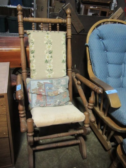 ANTIQUE OAK ROCKER WITH NEEDLEPOINT BACK