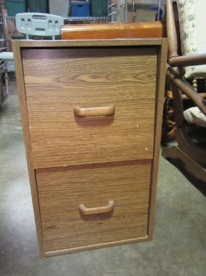 OAK FINISH TWO-DRAWER FILE. NEEDS RUNNERS FOR TOP DRAWER