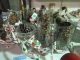 GLASS VASES WITH DECORATIVE PINE CONES AND POLKA DOT RIBBONS
