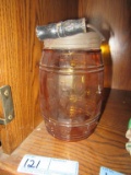 GLOBE TOBACCO COMPANY AMBER GLASS BARREL WITH METAL TOP AND WOODEN HANDLE