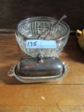 GLASS BOWL WITH SILVERPLATE RIM. SILVERPLATE AND GLASS BUTTER DISH. SILVERP