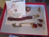 RED STONE BRACELET, NECKLACE, EARRINGS, AND BROOCH