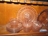 ASSORTMENT OF PINK DEPRESSION GLASS PLATES, CUPS, SAUCERS, BOWLS, ETC