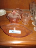 PINK DEPRESSION GLASS CREAMER, SUGAR, AND SERVING PIECES
