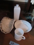 MILK GLASS CENTERPIECE DISHES, CUPS, AND DECANTER