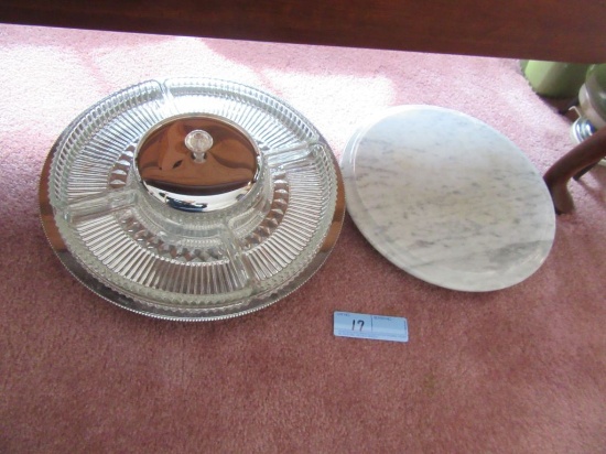 LAZY SUSAN, 50'S CHROME DIVIDED DISH, AND MARBLE TOP LAZY SUSAN