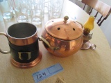 COPPER MUG, MINIATURE OIL LAMP, AND COVERED BOWL