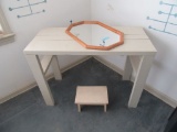 WALL MIRROR, HANDCRAFTED TABLE, AND SMALL BENCH