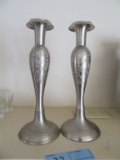 SILVER COLORED FLORAL ETCHED CANDLE HOLDERS. MADE IN INDIA