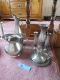 PEWTER VASES, CANDLE HOLDER, AND PITCHERS
