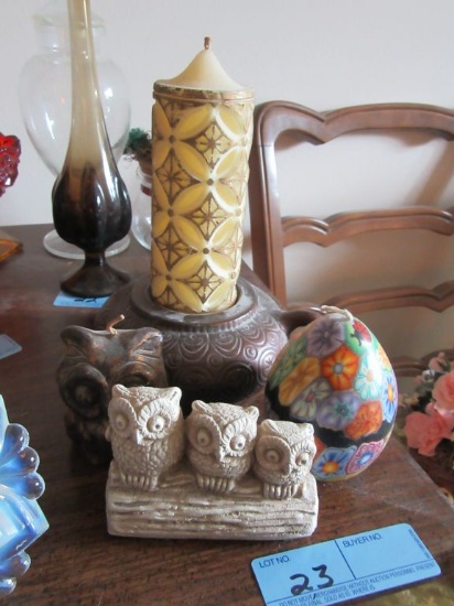 OWL FIGURINE, ASSORTED CANDLES, AND CANDLE HOLDER