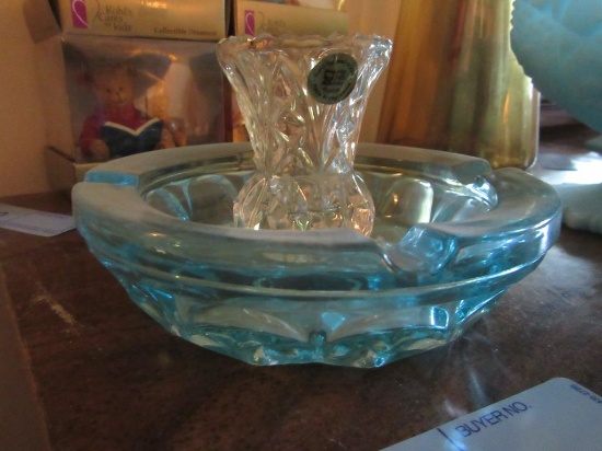 BLUE GLASS ASHTRAY AND TOOTHPICK HOLDER