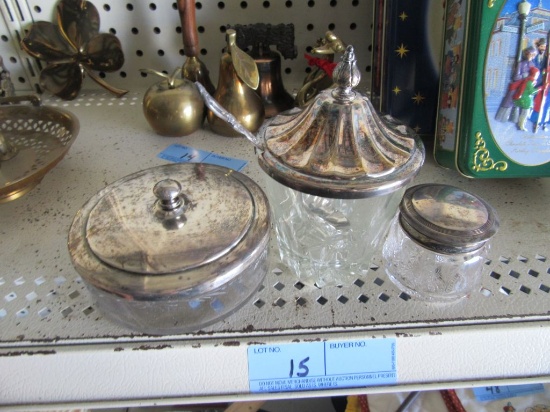 STERLING COVERED GLASS JAR AND 2 OTHER COVERED PIECES