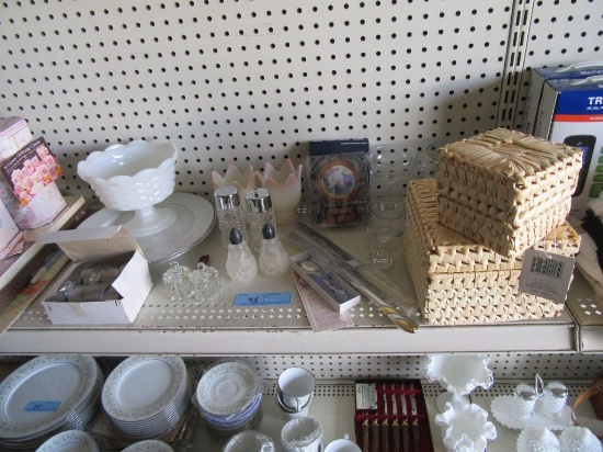 MISCELLANEOUS ITEMS GLASS SQUARE, SALT AND PEPPERS, CANDLE HOLDERS, BASKETS