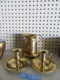 BRASS CANDLESTICK HOLDERS, DISPLAY STAND, AND PITCHER