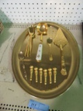 GOLD TONE TRAY WITH SERVING PIECES