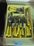 STAINLESS FLATWARE WITH YELLOW HANDLES AND TRAY