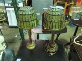 PAIR OF LEAD GLASS SHADE LAMPS, PULL CHAINS