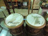 PAIR OF MARBLE TOP INLAYED DRUM TABLES