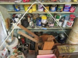 SHELVES OF MISCELLANEOUS PAINT, HARDWARE, CRATE, WOOD, AND ETC