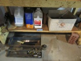 TOOL BOX WITH CONTENTS - PAINT THINNER, SQUARE, AND HARDWARE