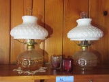 2 OIL LAMPS WITH MILK GLASS SHADES