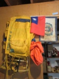 ASSORTED FLAGS, BACKPACK, AND SLEEPING BAG